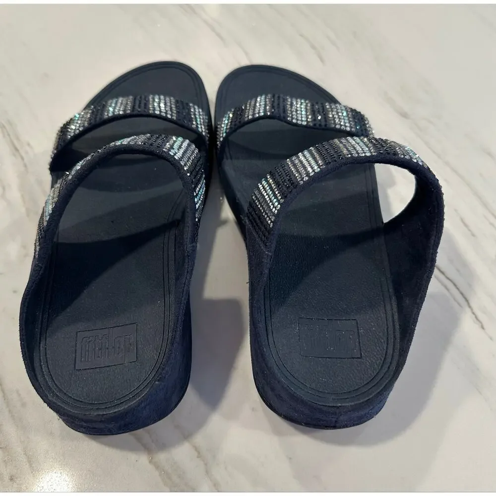 FitFlop Women’s Size 10 Navy Blue Rhinestone Crystal Two Strap Slide Sandals
